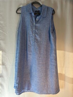 Tahari Blue Sleeveless Button-Front Linen Shift Dress